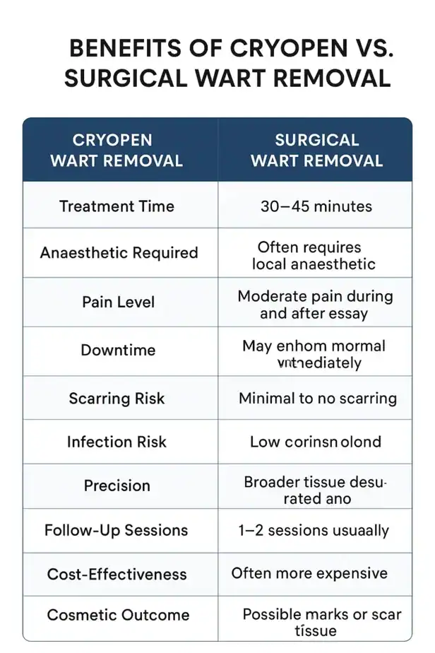 Table showing the benefits of cryopen to remove warts Gravesend compared to surgical treatment